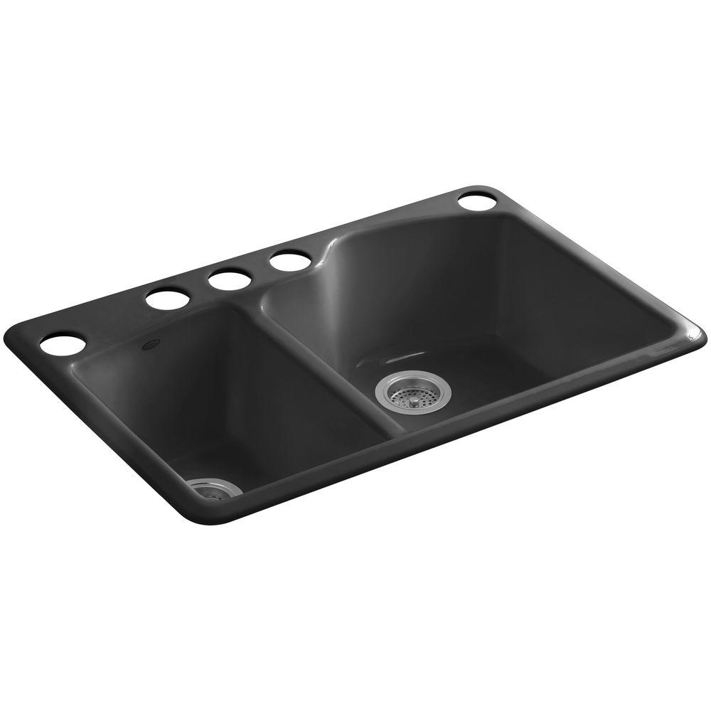 KOHLER Wheatland Undermount Cast-Iron 33 in. 5-Hole Double Bowl Kitchen ...