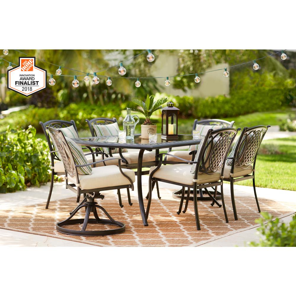 Hampton Bay Belcourt 7 Piece Metal Outdoor Dining Set With Cushionguard Oatmeal Cushions D11334g 7pc2 The Home Depot