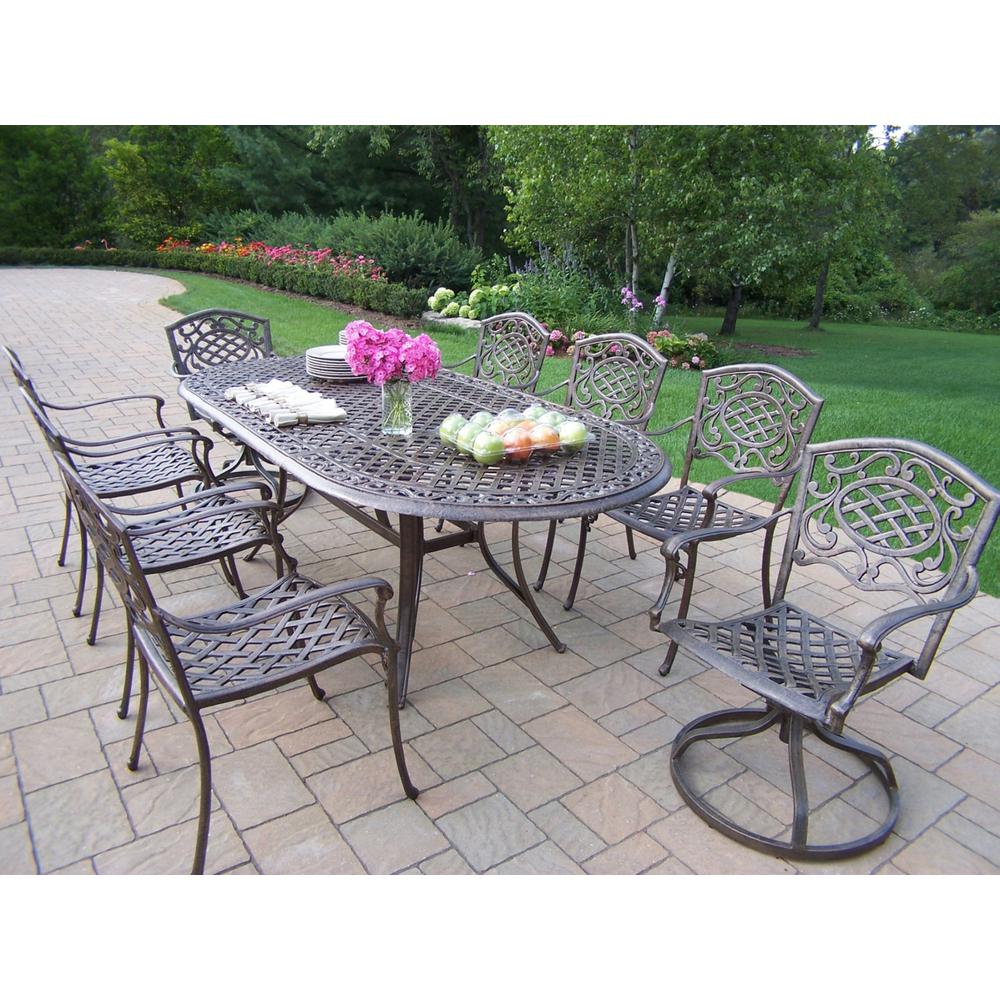 9 Piece Aluminum Outdoor Dining Set With Oatmeal Cushions Oval Table 9 Piece Aluminum Outdoor Dining Set With Oatmeal Cushions Oval Table 6 Stackable Chairs And