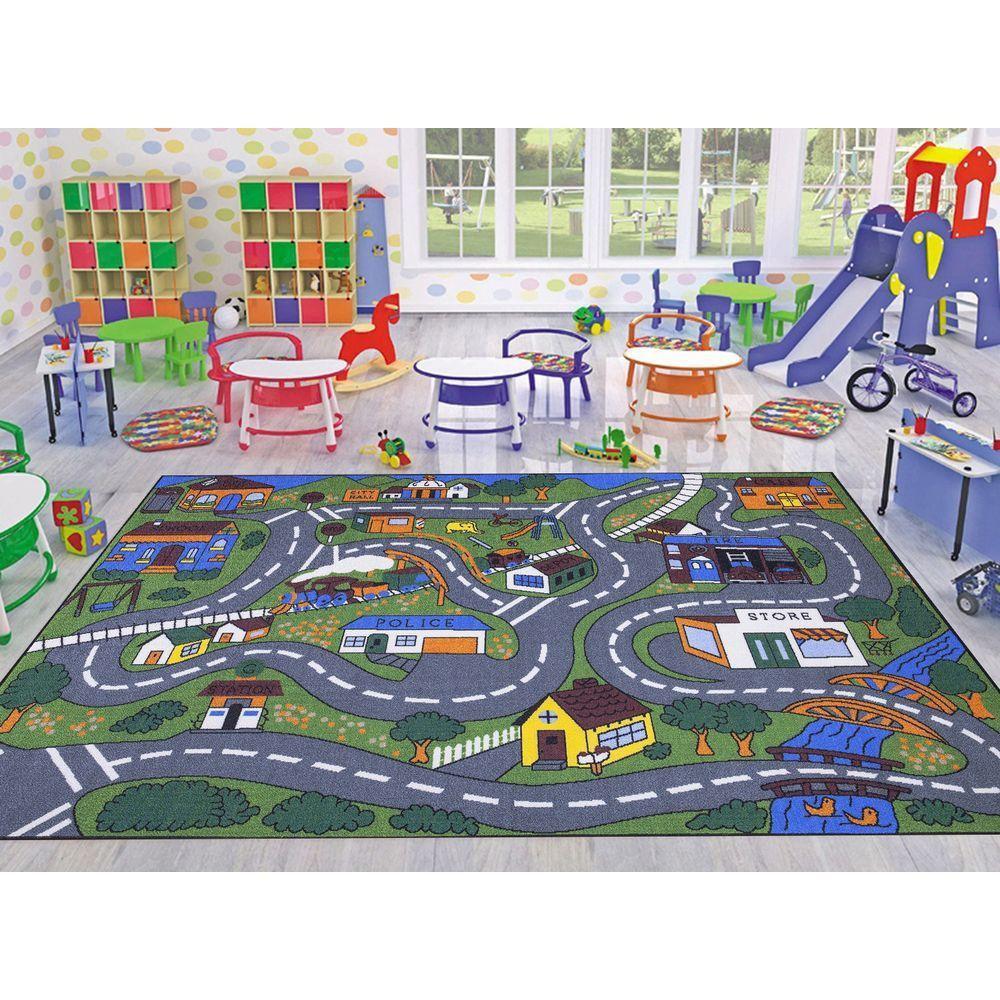 Ottomanson Jenny Collection Grey Road Traffic Design 5 ft. x 7 ft. NonSlip Kids Area Rug