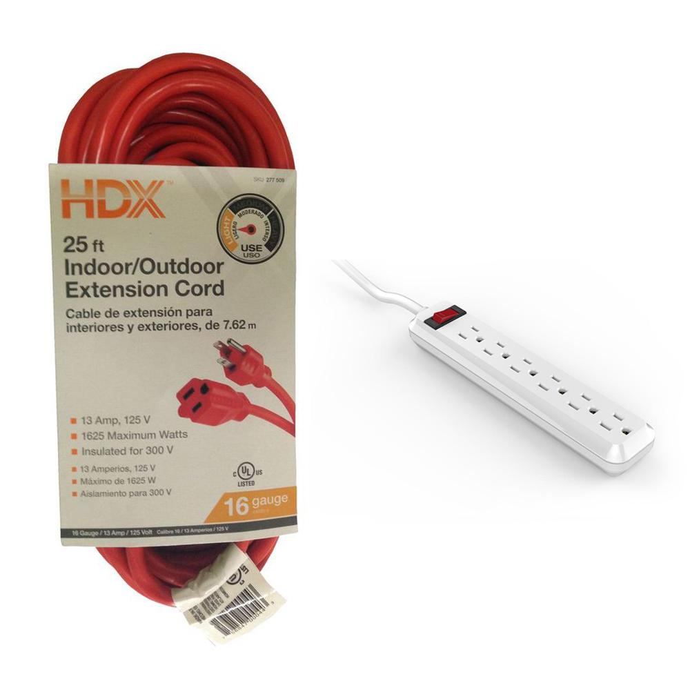 Hdx 25 Ft 16 3 Light Duty Indoor Outdoor Extension Cord And 6 Outlet Strip Surge Protector With Combo2506 The Home Depot