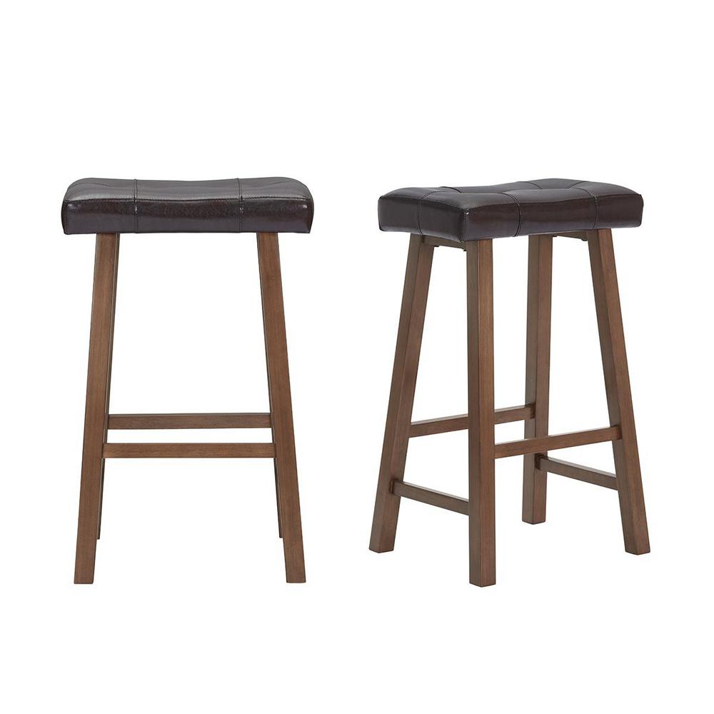 Stylewell Walnut Wood Upholstered Bar Stool With Brown Faux Leather Saddle Seat Set Of 2 18 75 In W X 30 In H Dp18028 The Home Depot