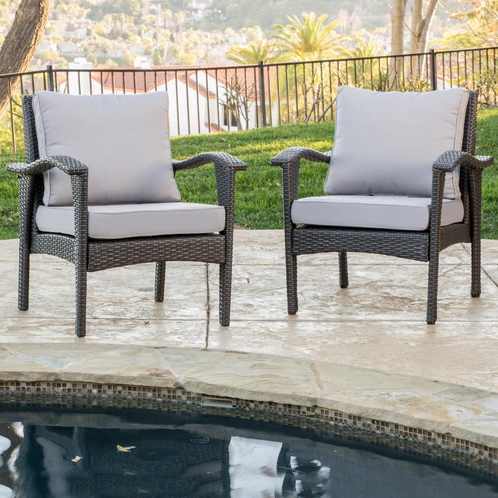 Noble House Honolulu Gray Stationary Wicker Outdoor Lounge Chair With Silver Gray Cushion 2 Pack 7617 The Home Depot