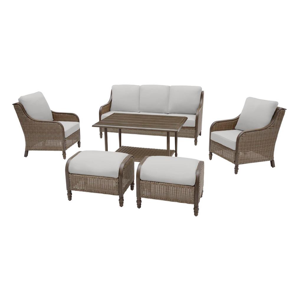 Hampton Bay Windsor 6 Piece Brown Wicker Outdoor Patio Conversation Seating Set With Cushionguard Stone Gray Cushions H155 01424900 The Home Depot - Hampton Bay 6 Piece Patio Set Hampton Bay Windsor 6 Piece Brown Wicker Outdoor Patio Conversation Seating Set With Cushionguard Stone Gray Cushions H155 01424900 The Home Depot - Hampton Bay 6 Piece Patio Set