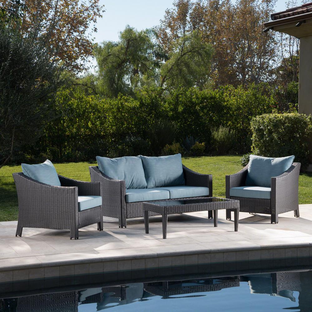 Noble House 4Piece Wicker Patio Conversation Set with Teal Cushions