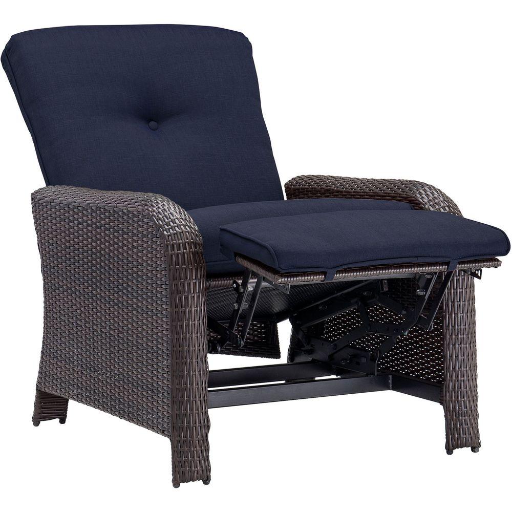 Hanover Strathmere All Weather Wicker Reclining Patio Lounge Chair With Navy Blue Cushion Strathrecnvy The Home Depot