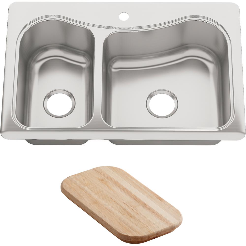 Kohler Staccato Drop In Stainless Steel 33 In 1 Hole Double Bowl Kitchen Sink With Hardwood Cutting Board K 3361 1 Na The Home Depot