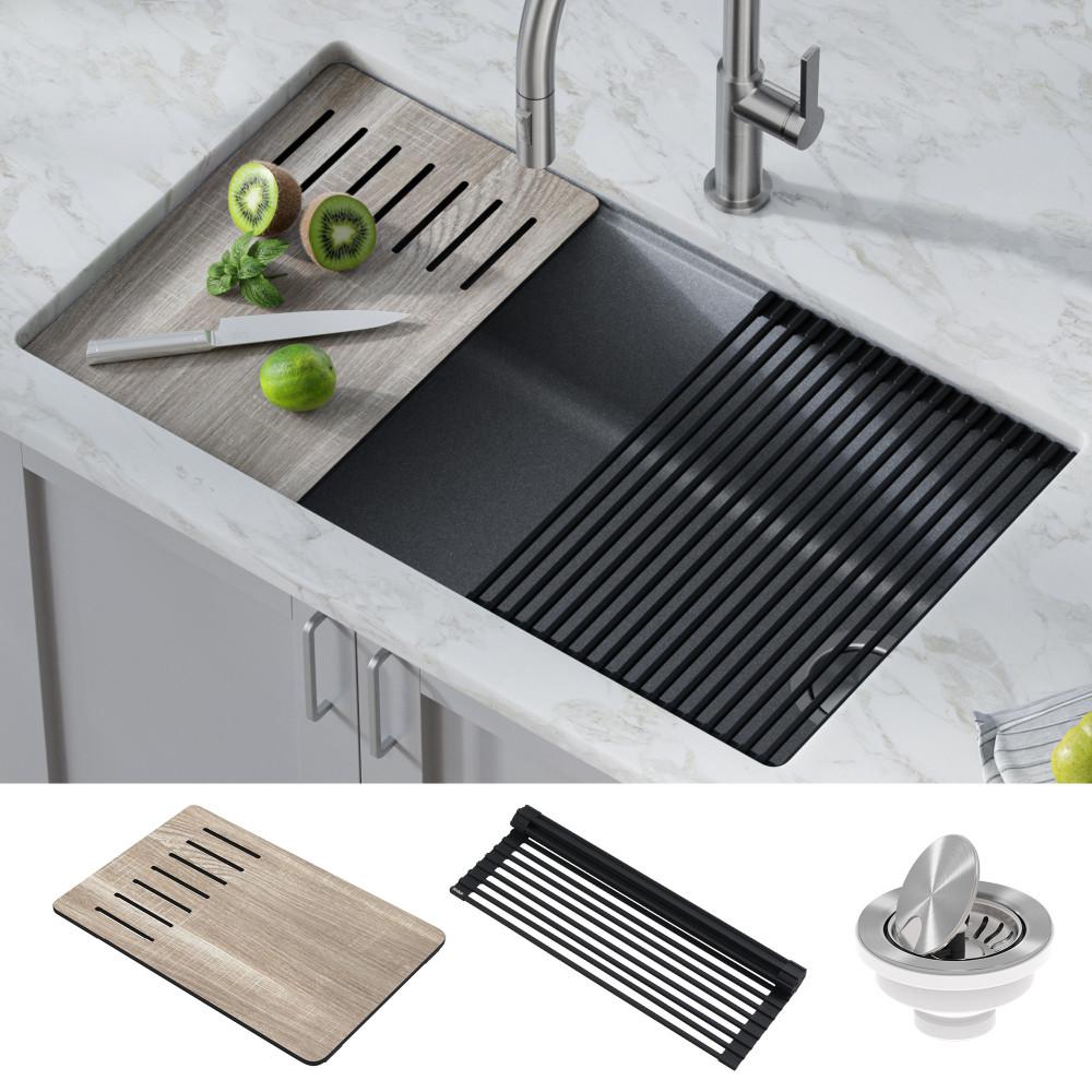 KRAUS Bellucci Gray Granite Composite 32 in. Single Bowl Undermount Workstation Kitchen Sink with Accessories, Metallic Grey
