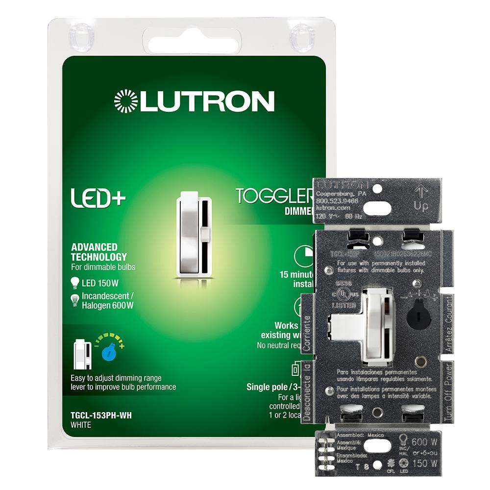 Lutron Toggler Led Dimmer Switch For Dimmable Led Halogen And Incandescent Bulbs Single Pole Or 3 Way White Tgcl 153ph Wh The Home Depot