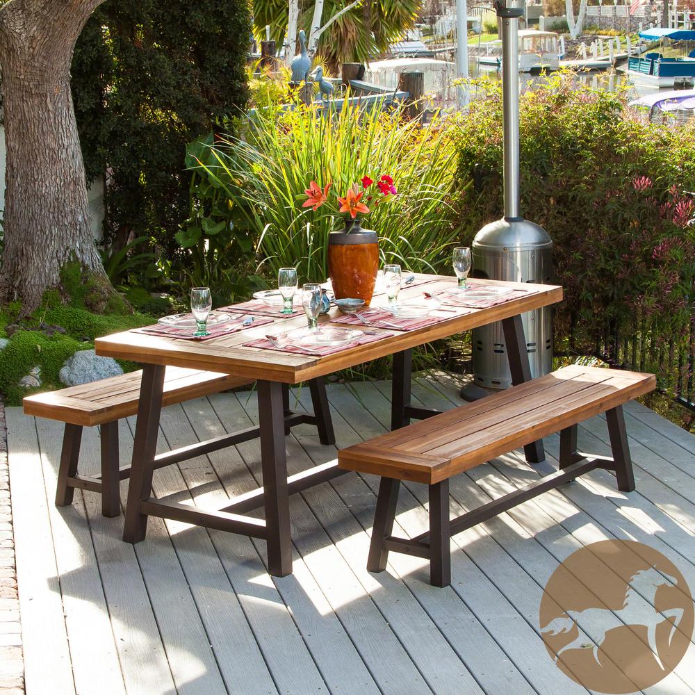 Bench Wood Patio Furniture Backless Dining Carlisle Rustic Metal 3 Piece Wood Rectangular Outdoor Dining Set