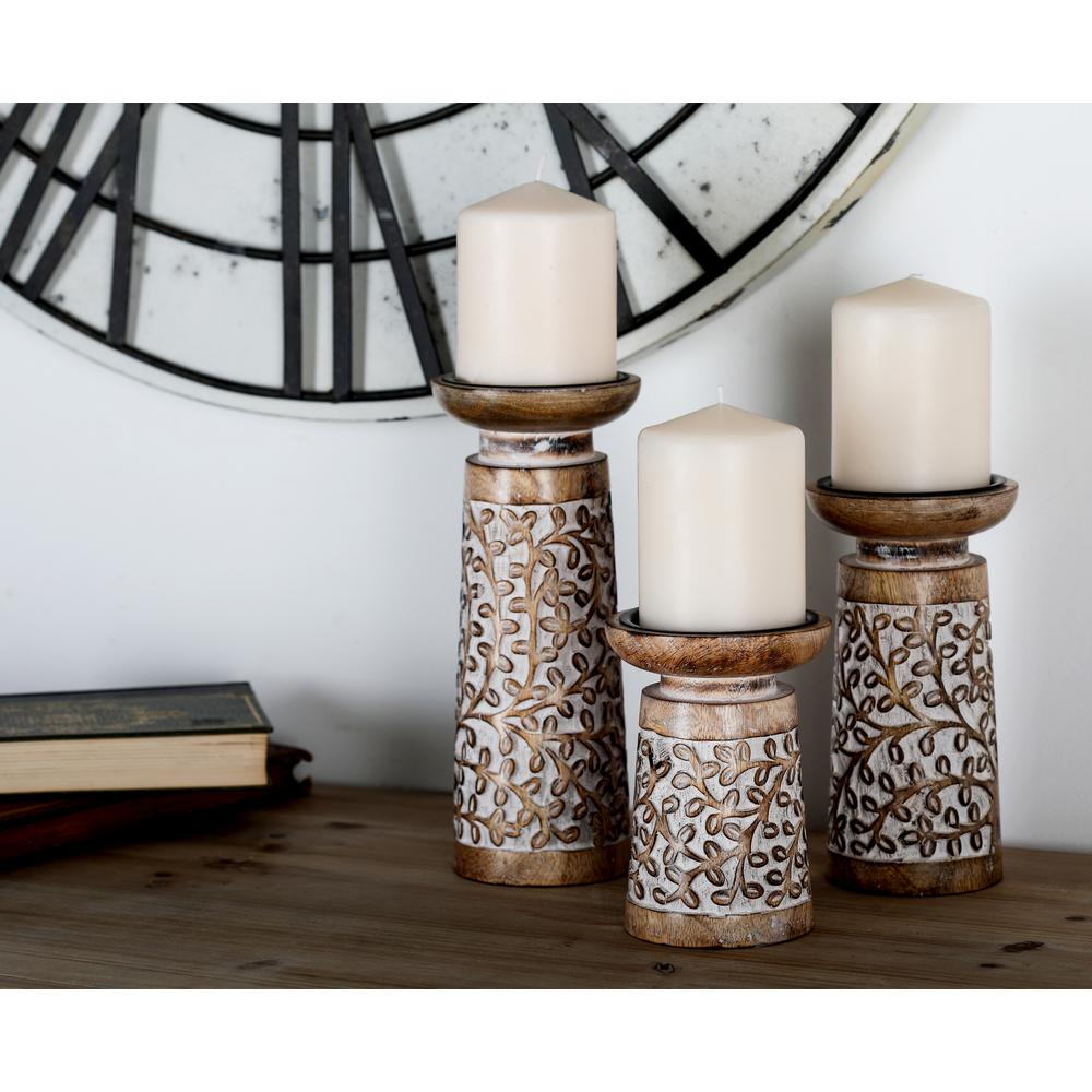 Litton Lane Brown Iron And Mango Wood Candle Holders With Flourish Litton Lane Brown Iron And Mango Wood Candle Holders With Flourish Carvings Set Of 3