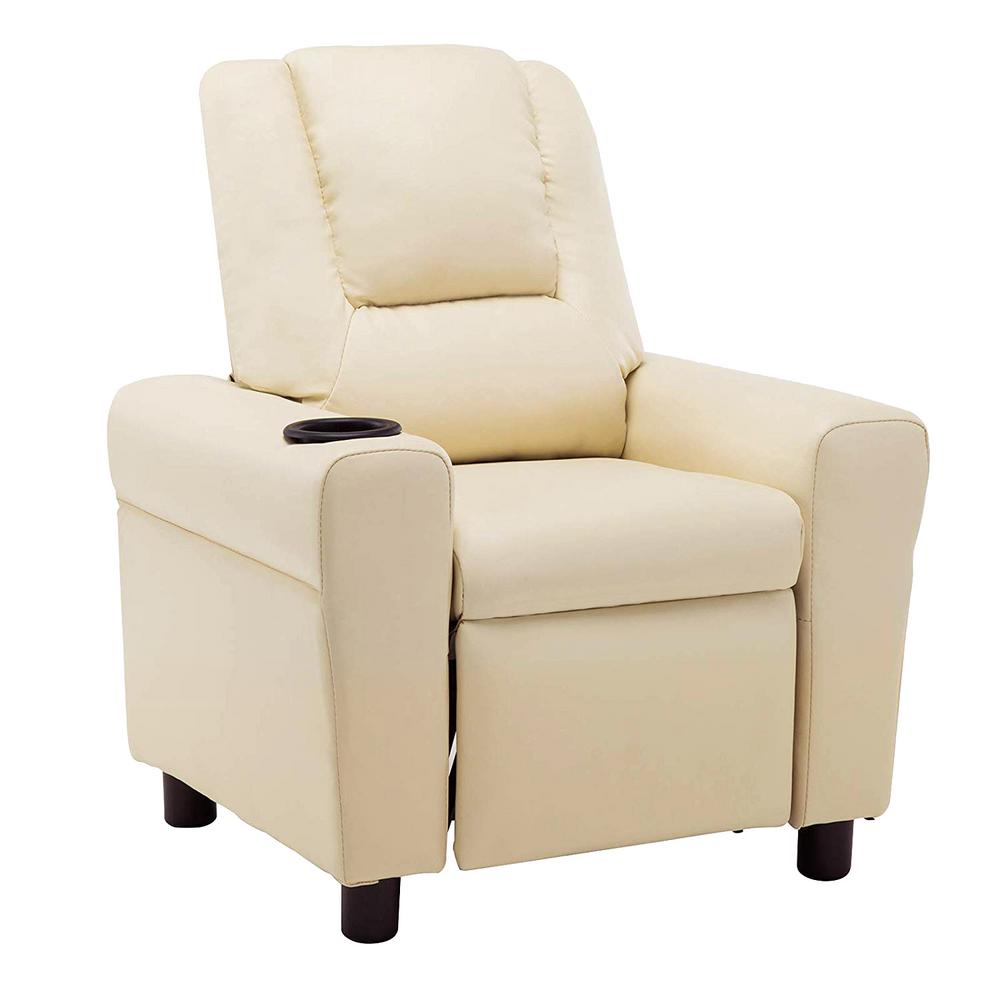 Frivity Kids Recliner Pu Leather Lounge Small Sofa Chair W Cup Holder Boys Girls Beige Children Sofa Chair