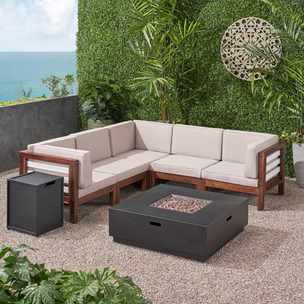 Noble House Oana Teak Brown 7-Piece Wood Patio Fire Pit Sectional ...