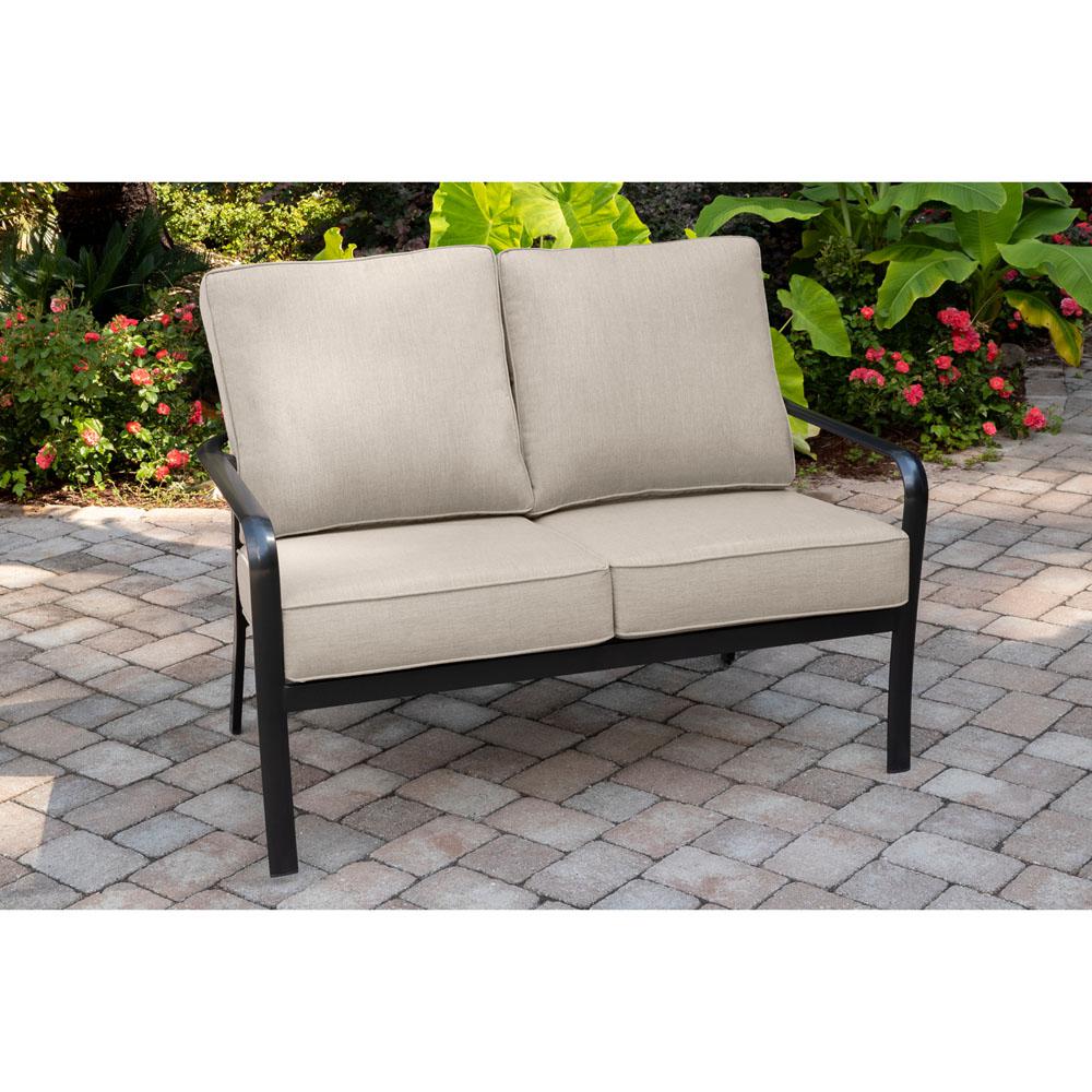 Hanover Cortino 5 Piece Commercial Rust Free Aluminum Patio Conversation Set With Sunbrella Tan Cushions Loveseat And Table Cort5pcl Ash The Home Depot