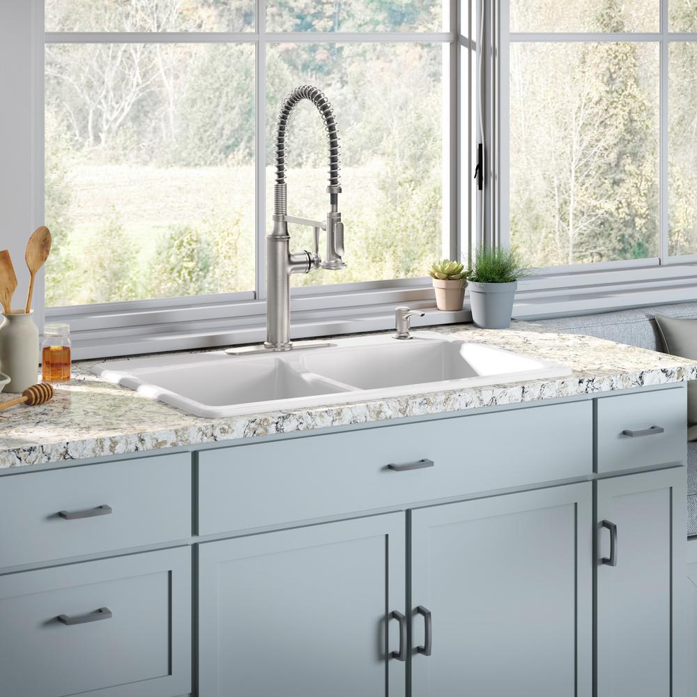 All In One Cast Iron Double Kitchen Sinks The Home Brookfield Drop In Cast Iron 33 4 Hole Double Bowl Kitchen