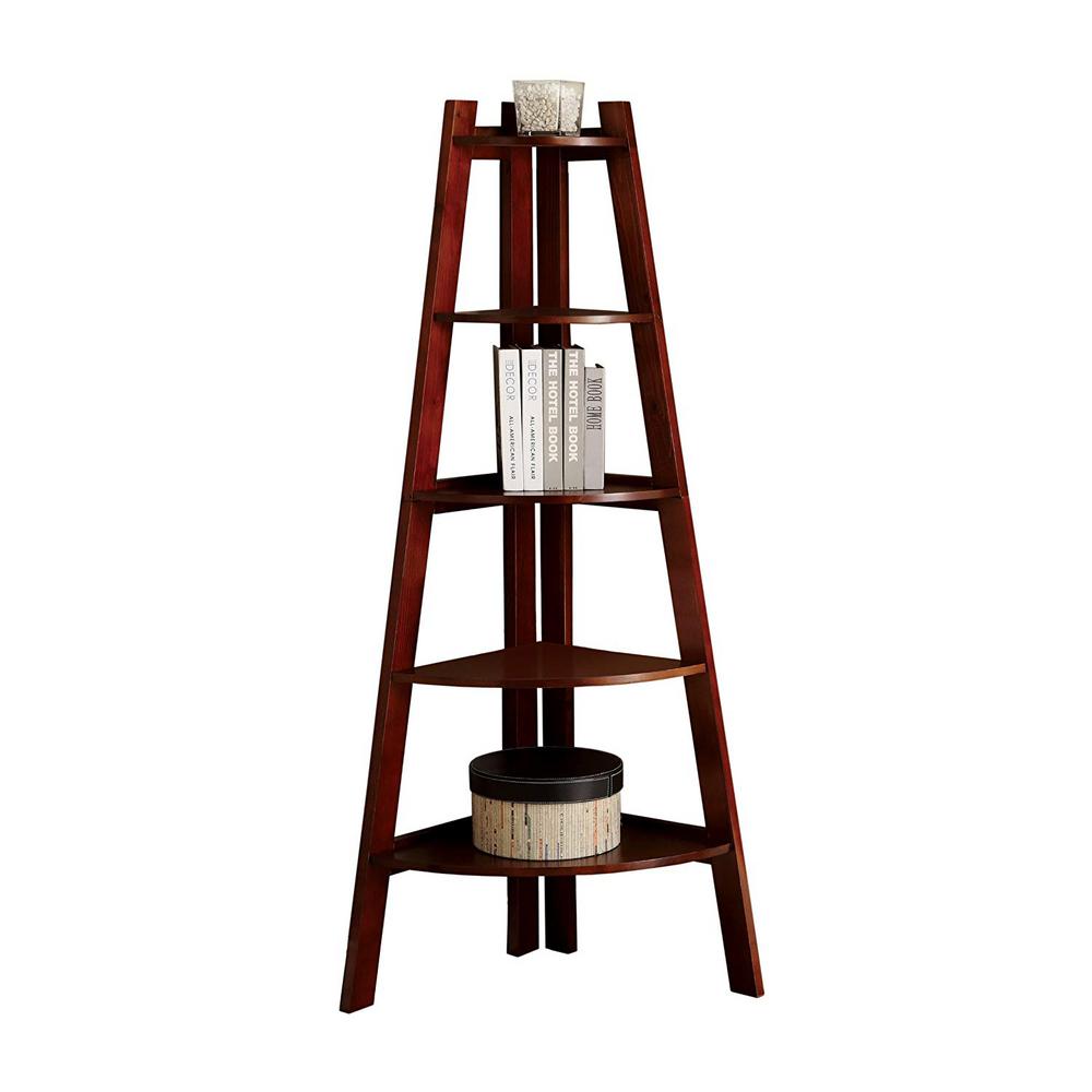 Furniture of America Lyss Contemporary 5 Tier Wooden Corner Ladder Shelf, Cherry