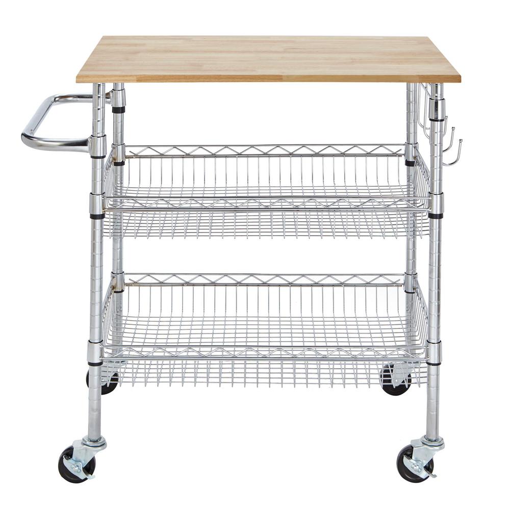 StyleWell Gatefield Chrome Kitchen Cart With Natural Wood Top H17110707 The Home Depot