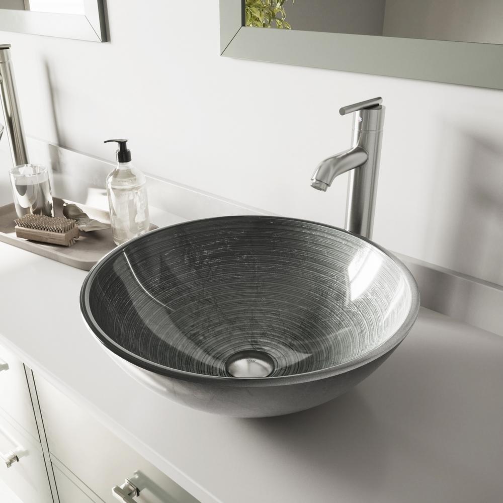 Glass Vessel Bathroom Sink In Simply Silver And Seville Faucet Set In Brushed Nickel