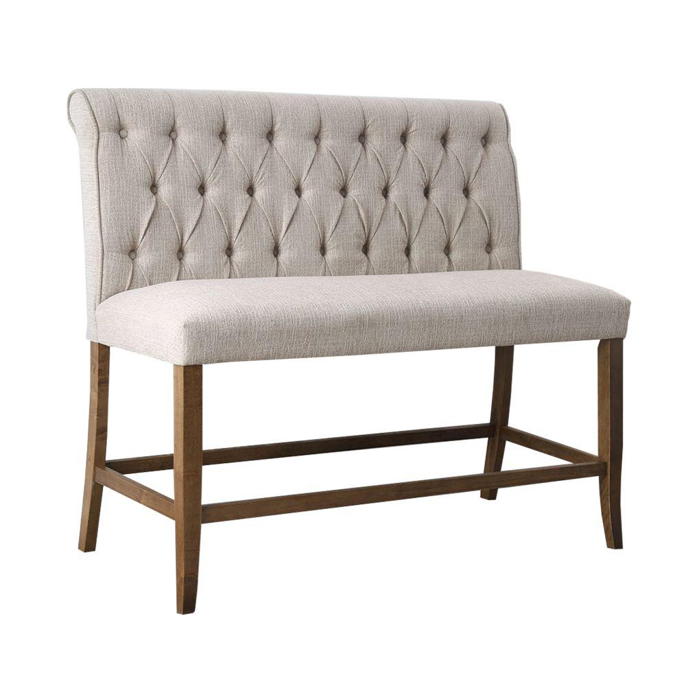 Benjara Fabric Upholstered Beige and Brown Wooden Counter Height Bench 42.25 in. H x 25 in. W x