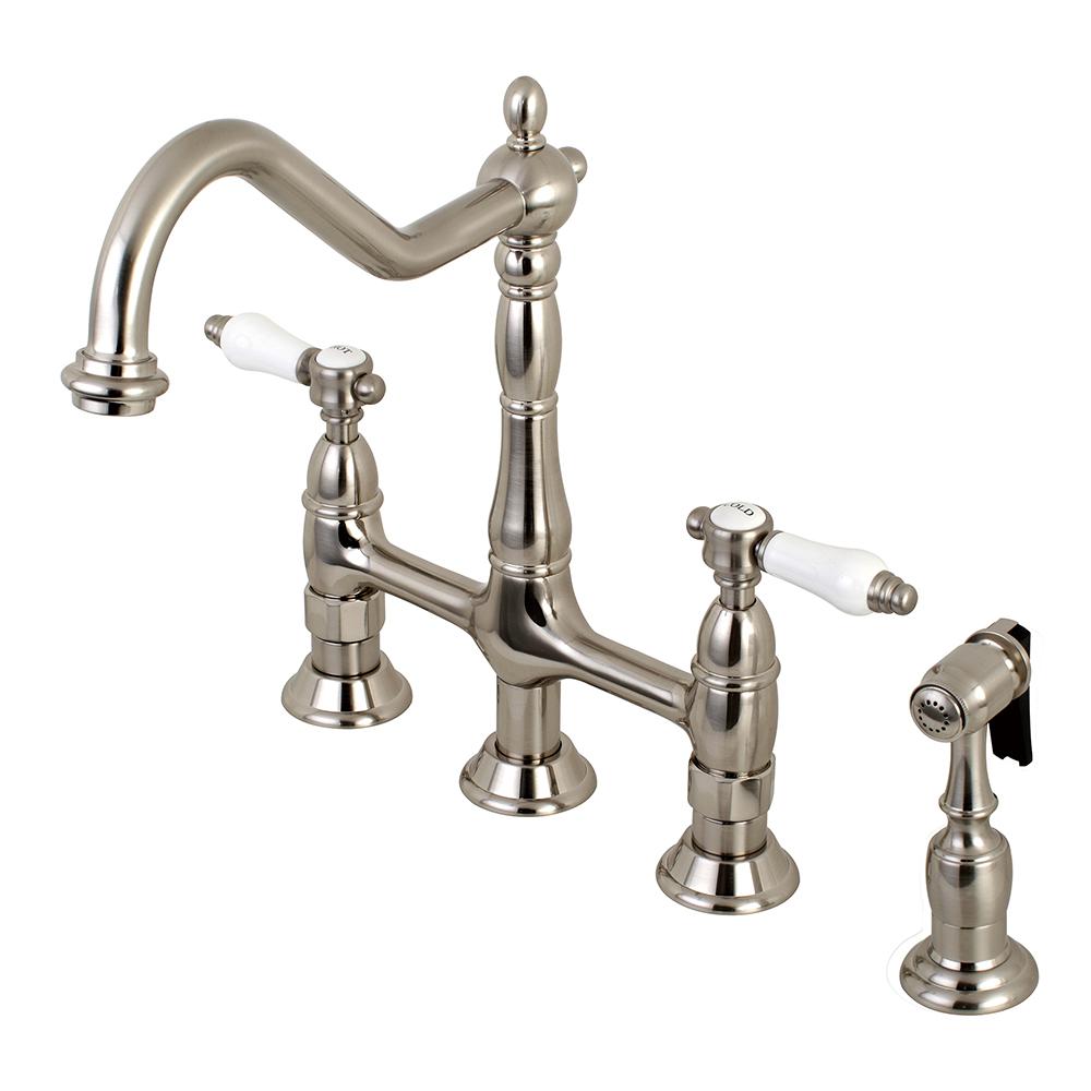 Kingston Brass Victorian Porcelain 2 Handle Bridge Kitchen Faucet With   Satin Nickel Kingston Brass Bridge Faucets Hks1278bplbs 64 300 