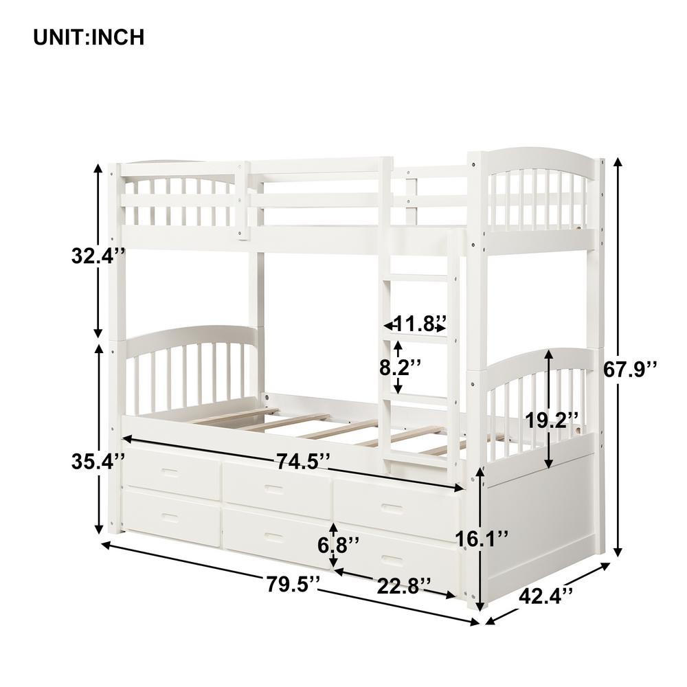 Harper & Bright Designs White Twin Over Twin Wood Bunk Bed With Trundle ...