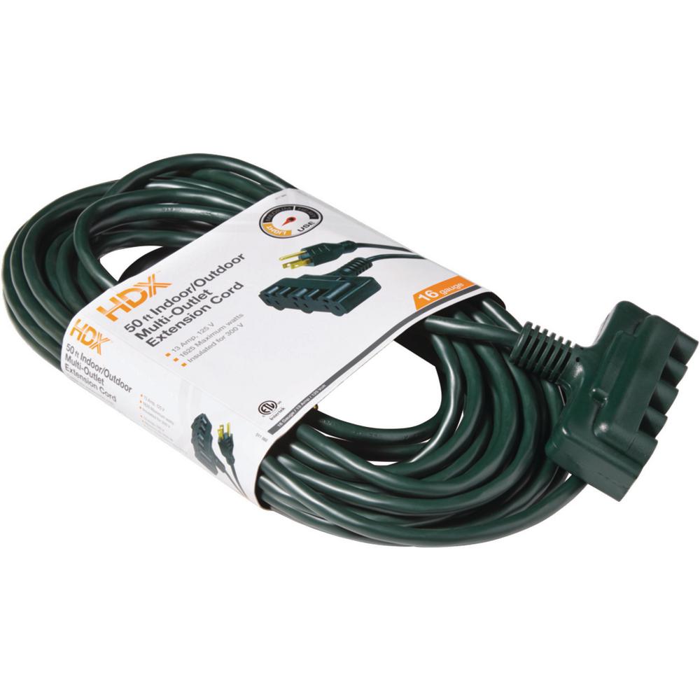 Hdx 50 Ft 16 3 Tri Tap Indoor Outdoor Landscape Extension Cord Green Sjtw16350gnpb The Home Depot