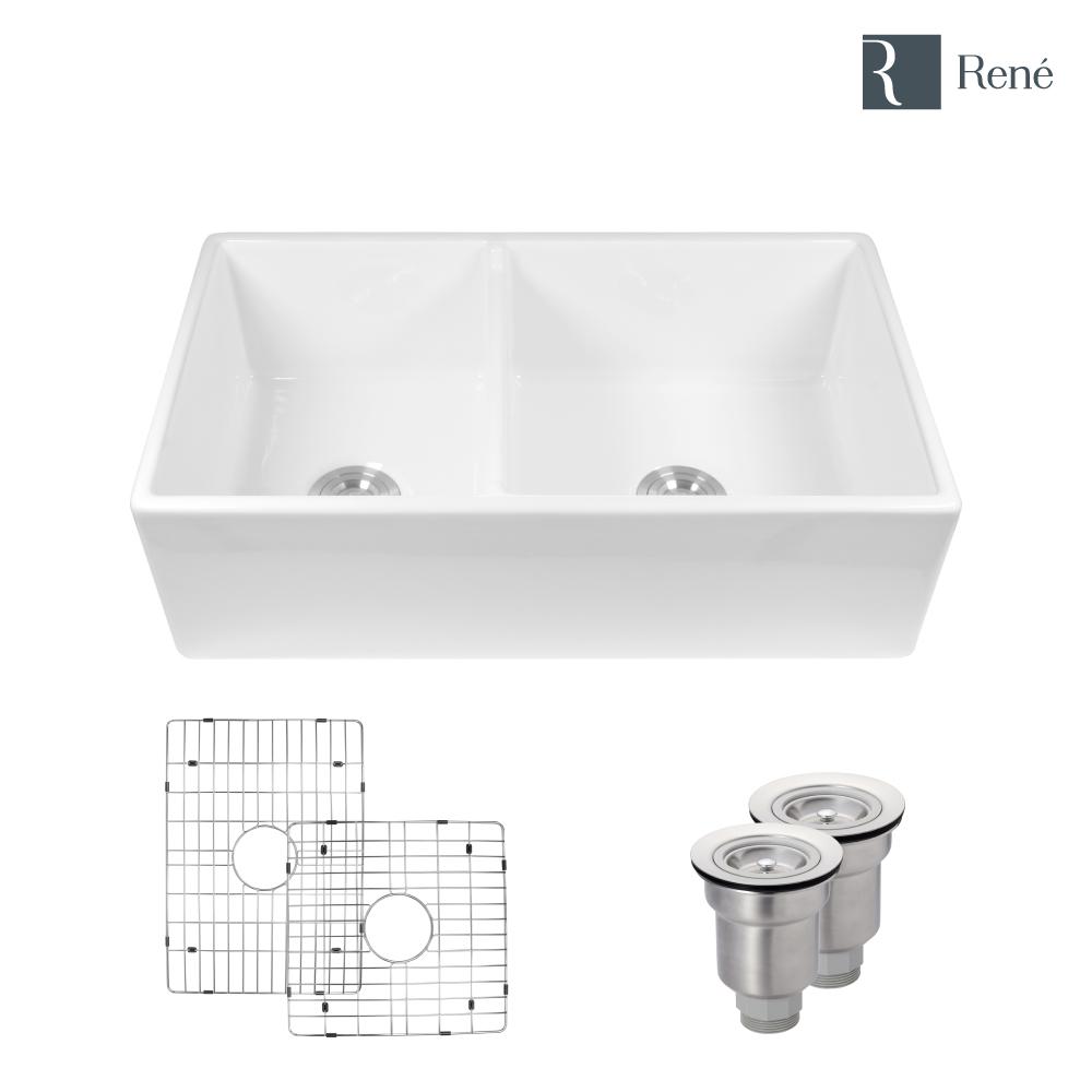 Reviews For Rene Farmhouse Apron Front Fireclay 33 In 60 40 Double Bowl Kitchen Sink Kit R10 3003 ST B The Home Depot