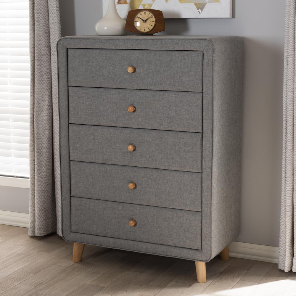 Baxton Studio Jonesy Mid Century 5 Drawer Gray Fabric Upholstered