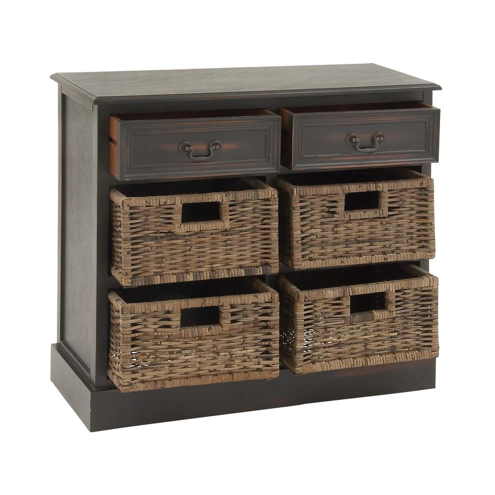 Litton Lane 28 In Walnut Wooden Cabinet With 4 Wicker Baskets 96253 The Home Depot