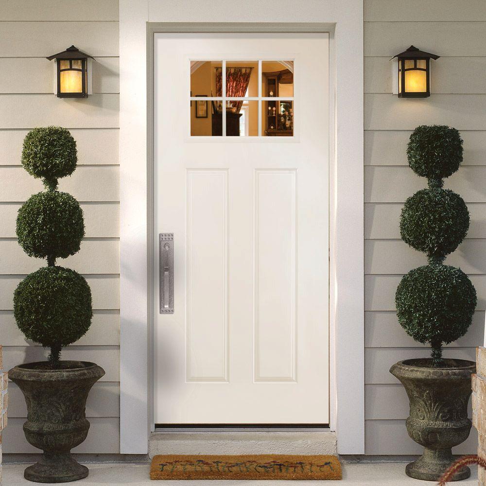 Masonite 36 In X 80 In Craftsman 6 Lite Right Hand Inswing Primed White Smooth Fiberglass Prehung Front Door W Brickmold