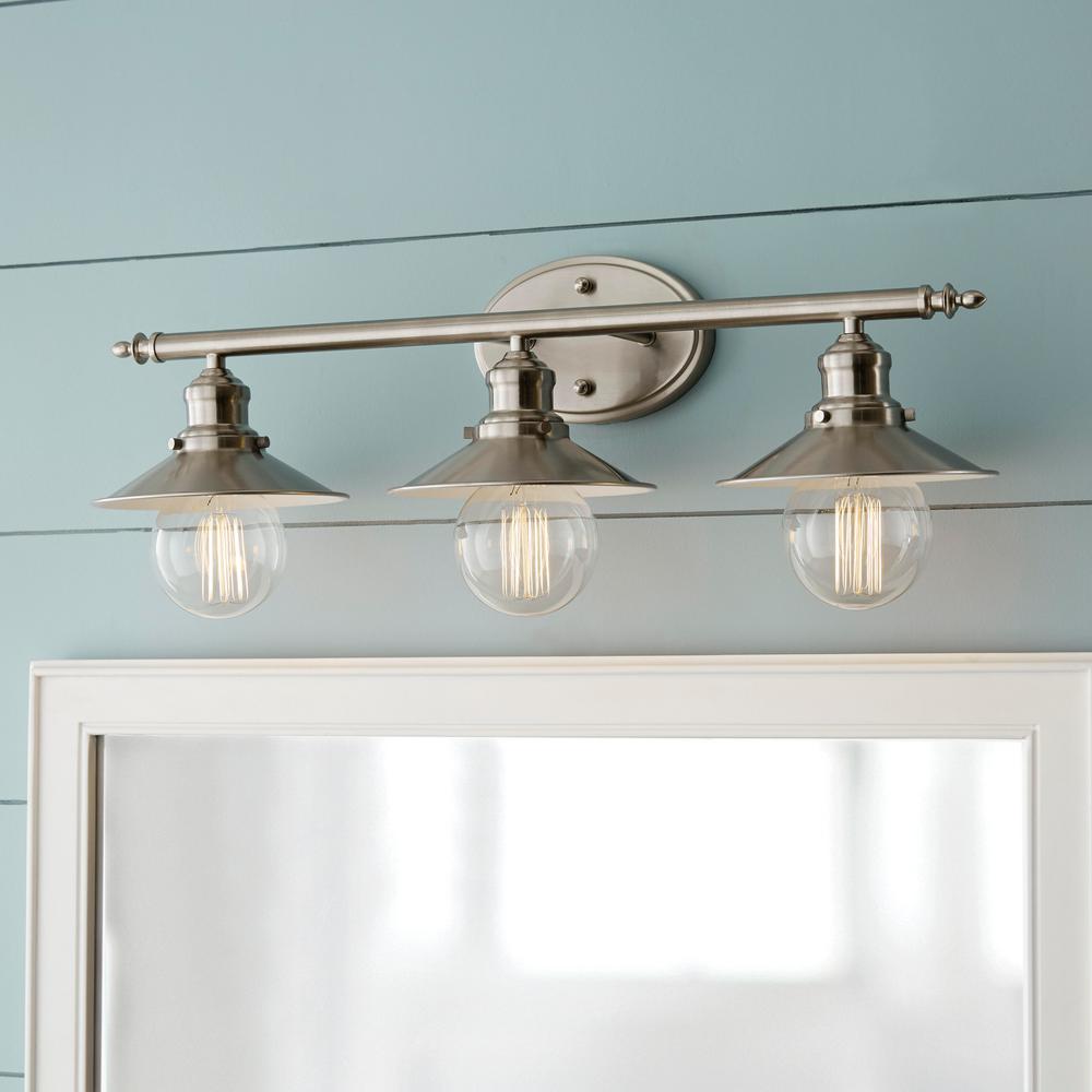 Home Decorators Collection Glenhurst 3 Light Brushed Nickel Retro Vanity Light With Metal Shades Hd 8003 Bn The Home Depot