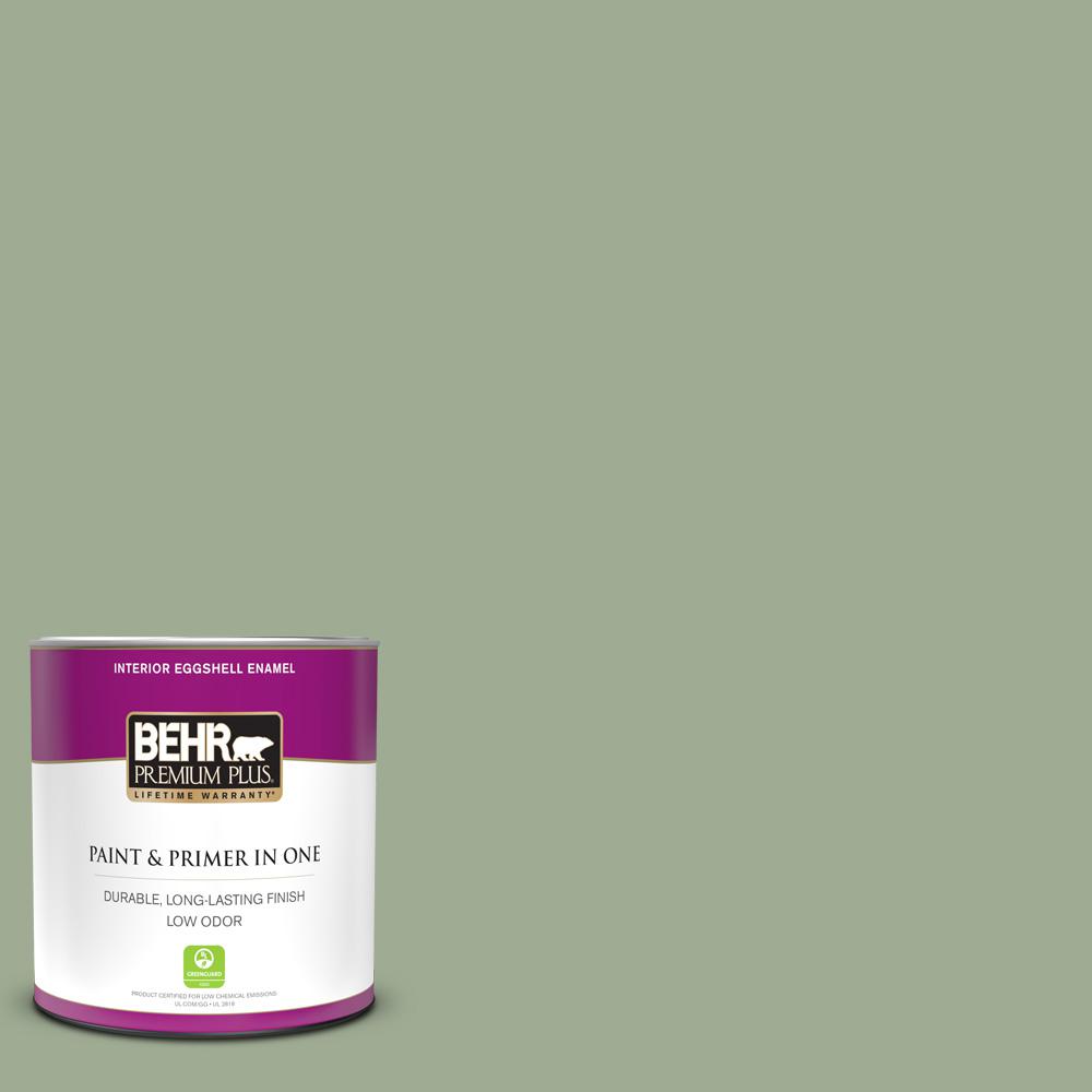 BEHR PREMIUM PLUS 1 qt. #S390-4 Roof Top Garden Eggshell Enamel Low Odor Interior Paint and ...