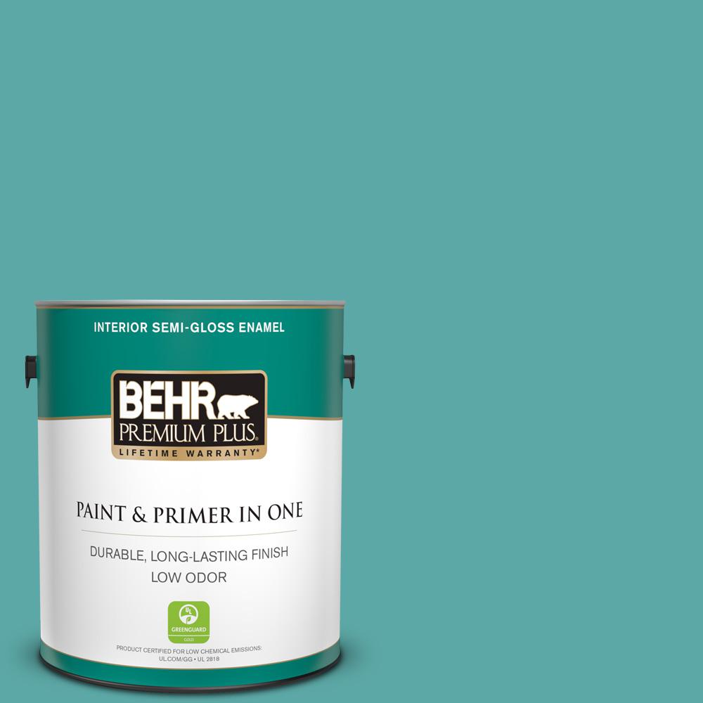 BEHR PREMIUM PLUS 1 gal. 500D5 Teal Zeal SemiGloss Enamel Low Odor