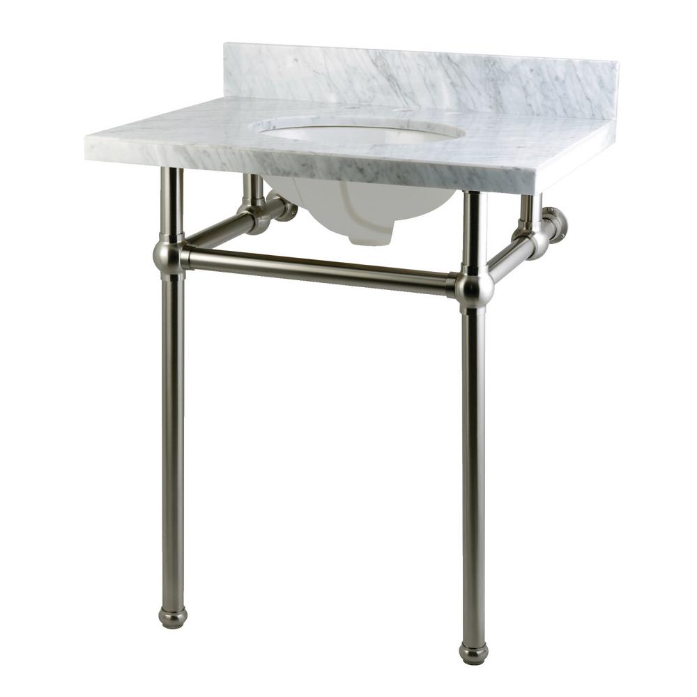 Kingston Brass Washstand 30 In Console Table Carrara White With Washstand 30 In Console Table Carrara White With Metal Legs Brushed Nickel