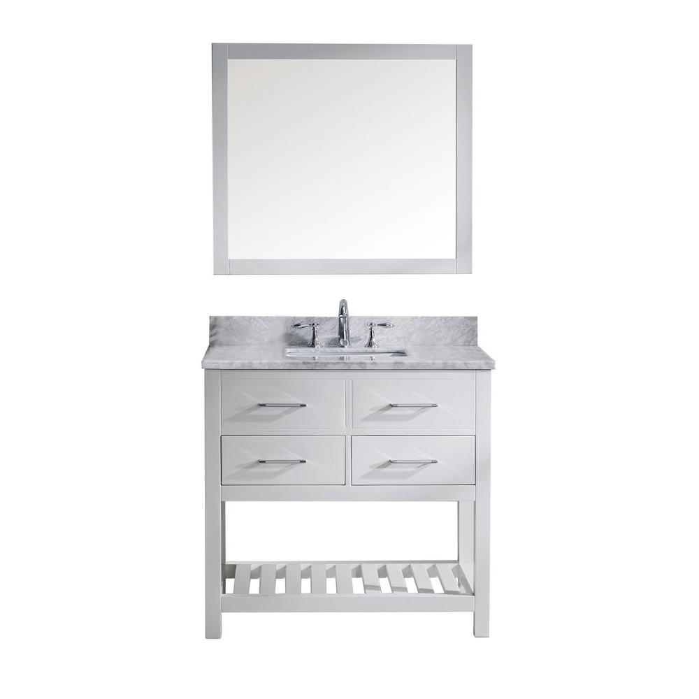 Virtu Usa Caroline Estate 36 In W Bath Vanity In White With Marble Vanity Top In White With Square Basin And Mirror Ms 2236 Wmsq Wh The Home Depot