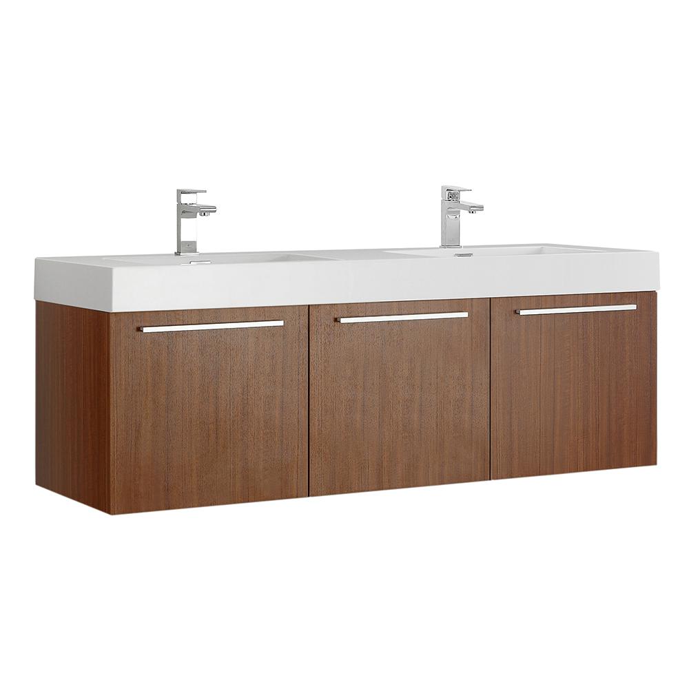 Fresca Vista 60 in. Modern Wall Hung Bath Vanity in Teak with Double Vanity Top in White with