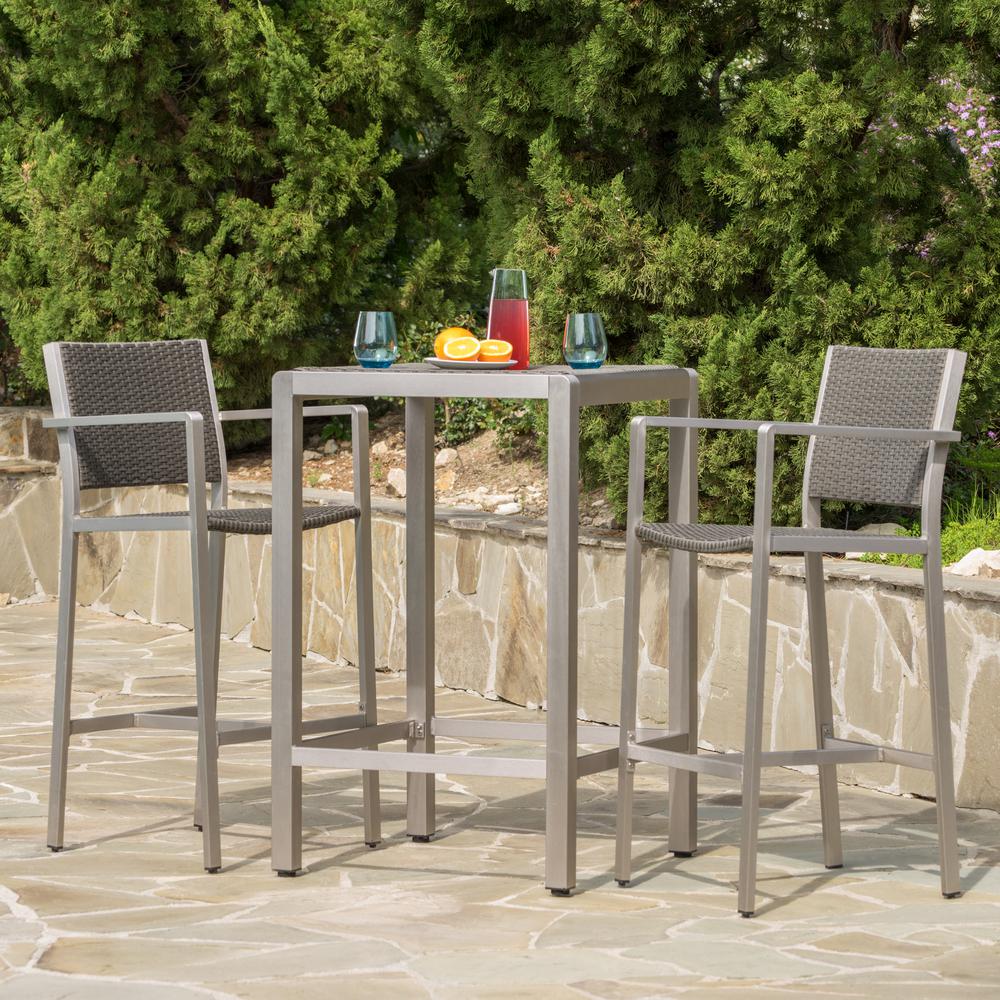 Noble House Gray 3-Piece Wicker Square Outdoor Bar Height Bistro Set