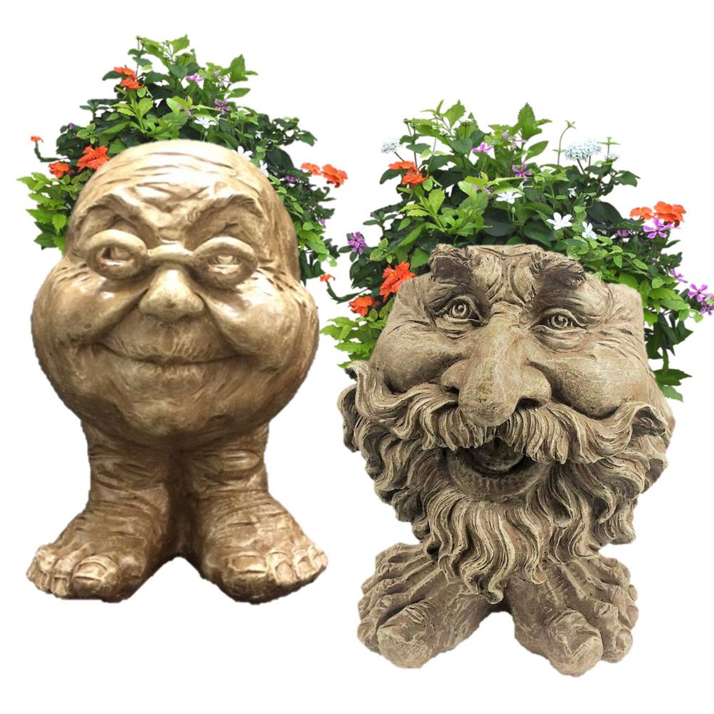 Homestyles 12 In Stone Wash Ole Salty And Grandma Violet The Muggly Face Statue Planter Holds 4 Pot 2 Pack