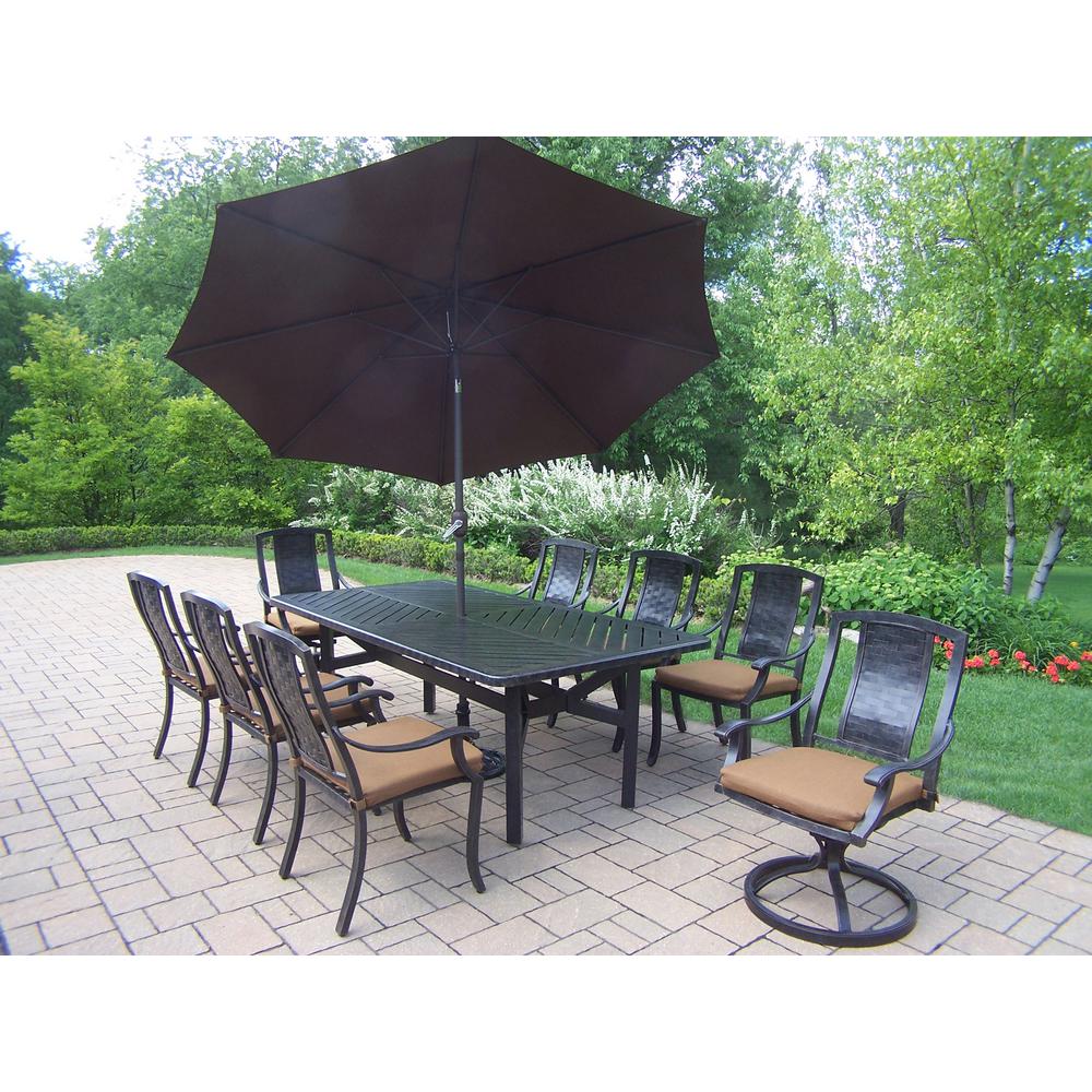 11 Piece Aluminum Outdoor Dining Set With Sunbrella Brown Cushions 11 Piece Aluminum Outdoor Dining Set With Sunbrella Brown Cushions And Umbrella Hd7819t7815c67816s2d54 4005bn 4101 19 Mc The Home Depot