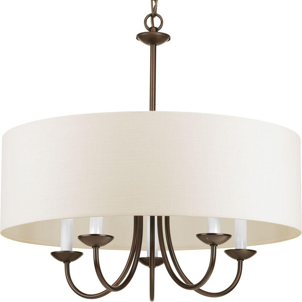 Transitional Progress Lighting Chandeliers The Home 5 Light Antique Bronze Chandelier With Beige Linen Shade
