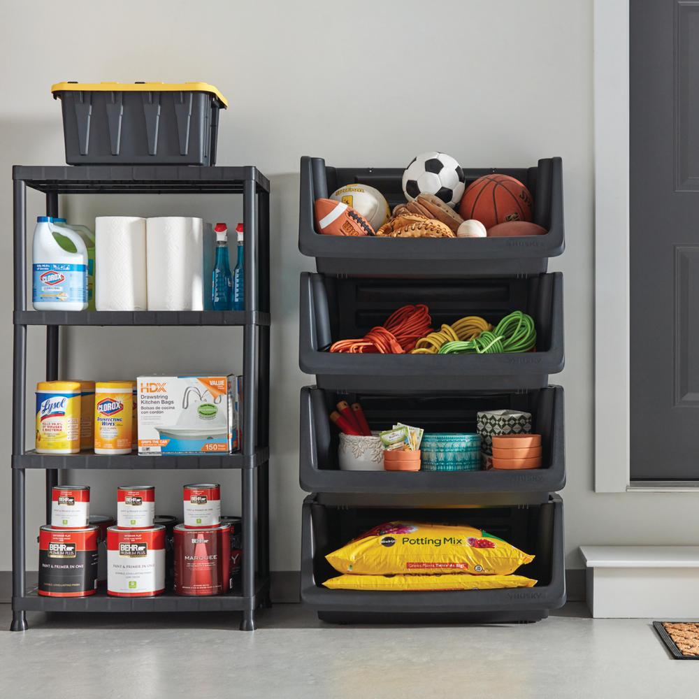 Hdx Black 4 Tier Plastic Garage Storage Shelving Unit 28 In W X 52 In H X 15 In D 17307263b The Home Depot