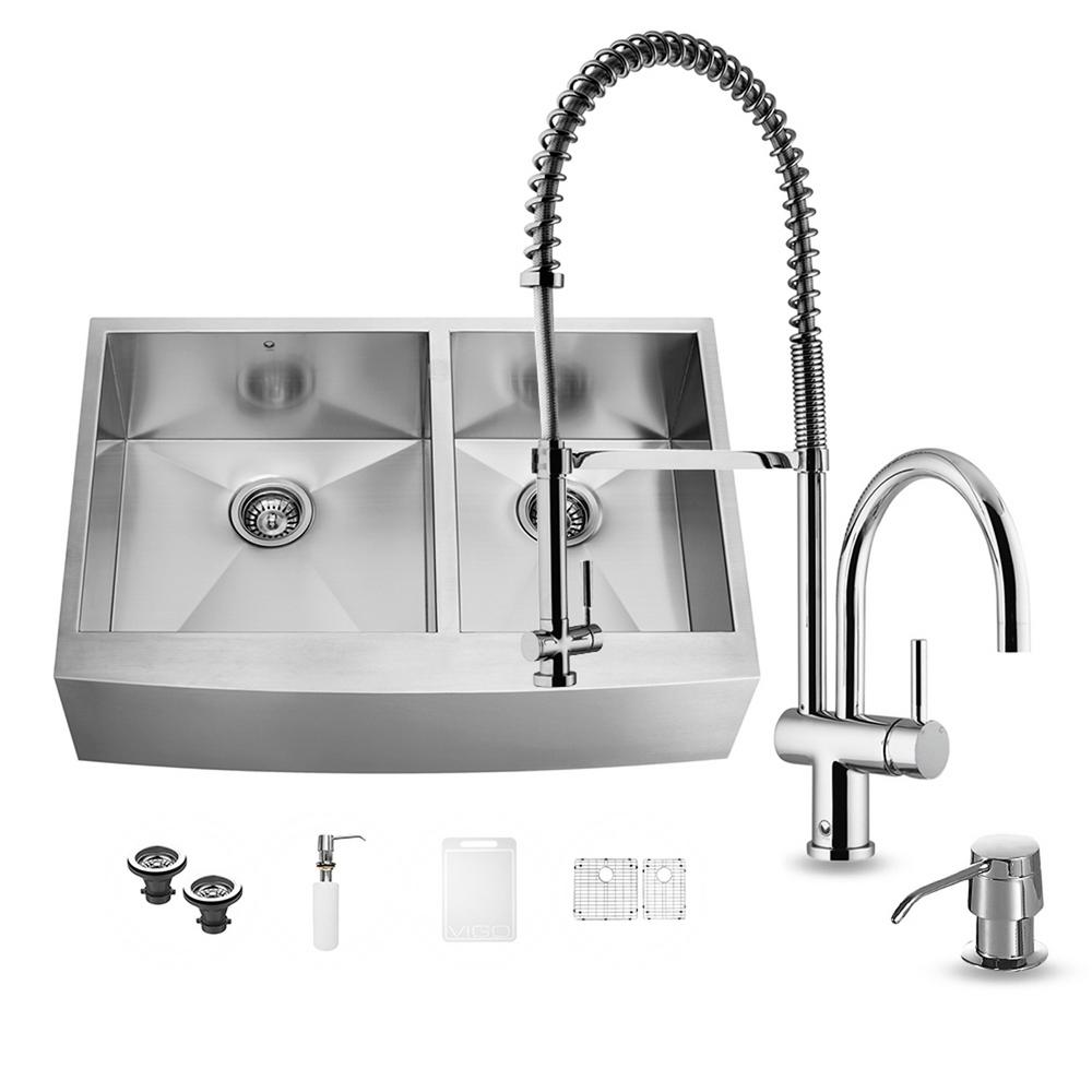 VIGO AllinOne Farmhouse Apron Front Stainless Steel 36 in. 0Hole Double Basin Kitchen Sink