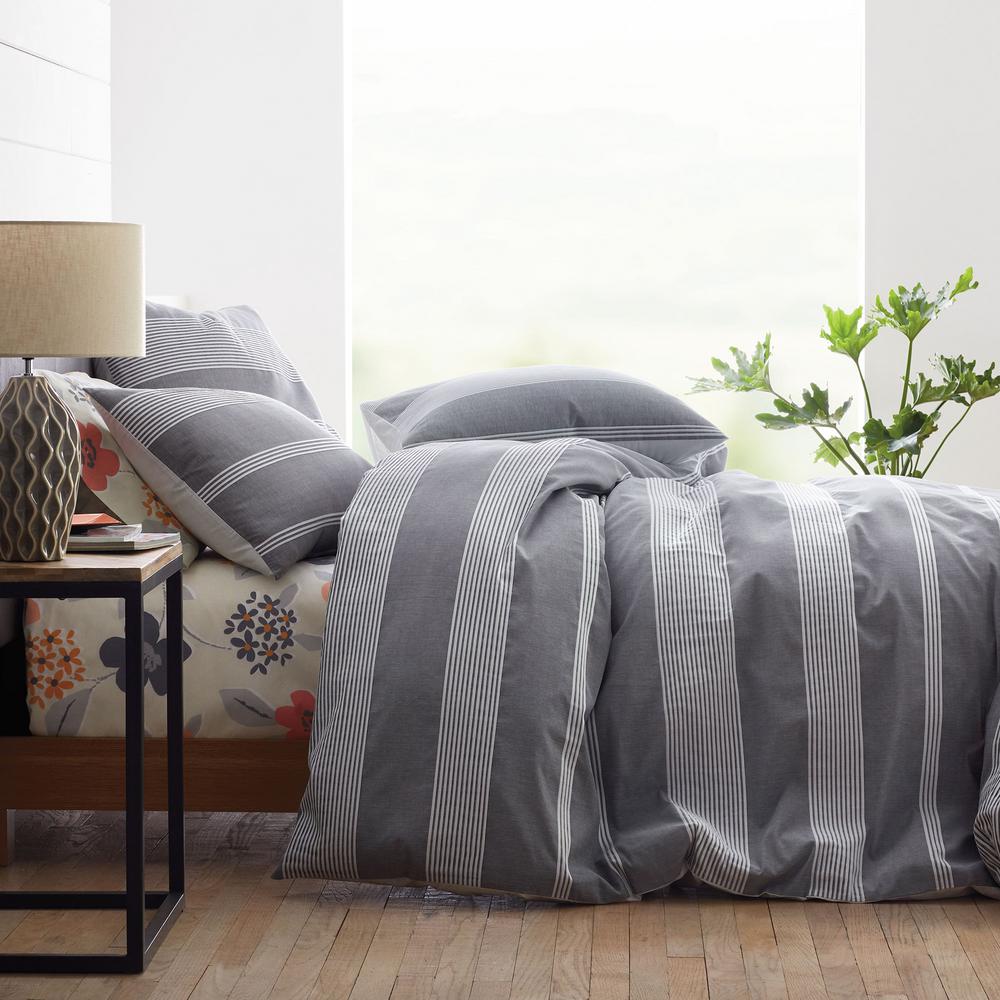 The Company Store Chambray Stripe Gray White Cotton Queen Duvet