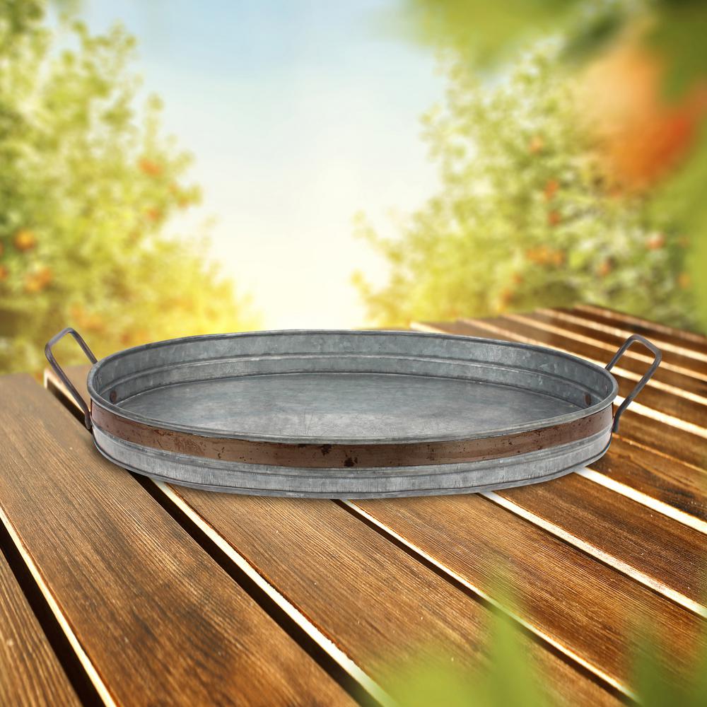 Tray, Stonebriar Galvanized Metal Serving Tray with Rust Trim and Metal Handles