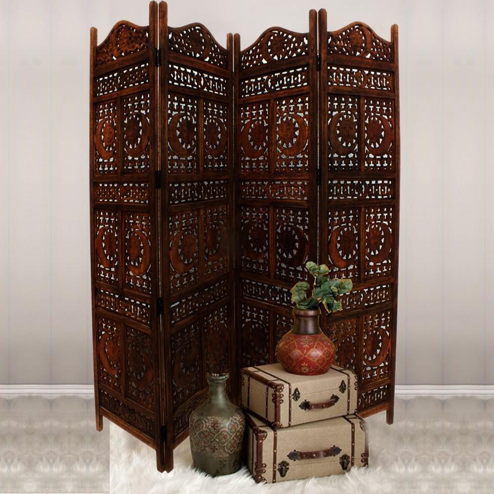 Benzara 71 In Brown Sun And Moon Design Foldable 4 Panel Wooden Room