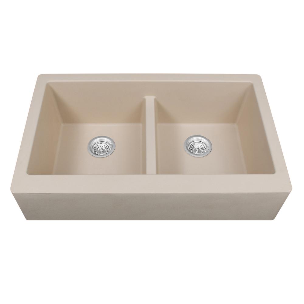 Karran Retrofit Farmhouse Apron Front Quartz Composite 34 In Double Bowl Kitchen Sink In Bisque 7539