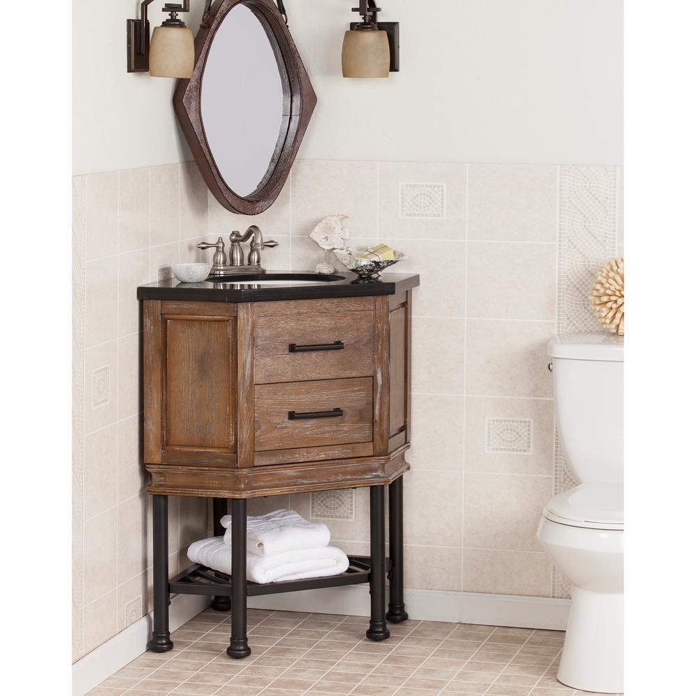 Southern Enterprises Carlito 32 In W X 23 5 In D Corner Bath Vanity In Burnt Oak With Black Granite Vanity Top With White Basin Hd950082 The Home Depot