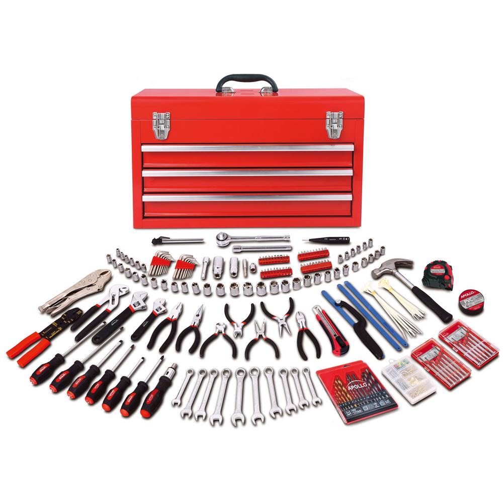 Apollo All Purpose Mechanics Tool Kit in 3-Drawer Steel Tool Box (300 ...