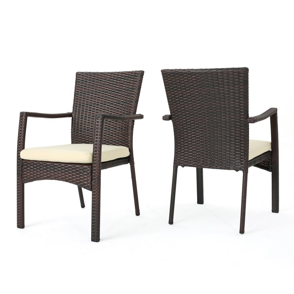 Noble House Corsica Multi-brown Wicker Outdoor Dining Chairs with Cream