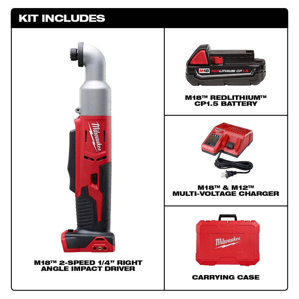 Milwaukee 2667-22 M18 18-Volt 2-Speed 1//4-Inch Right Angle Impact Driver